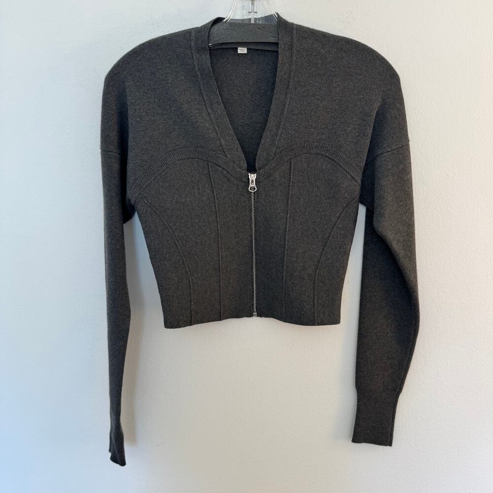 Fleur du Mal Knit Zip Bustier Cardigan Charcoal Gray Cropped Sweater Corset XS